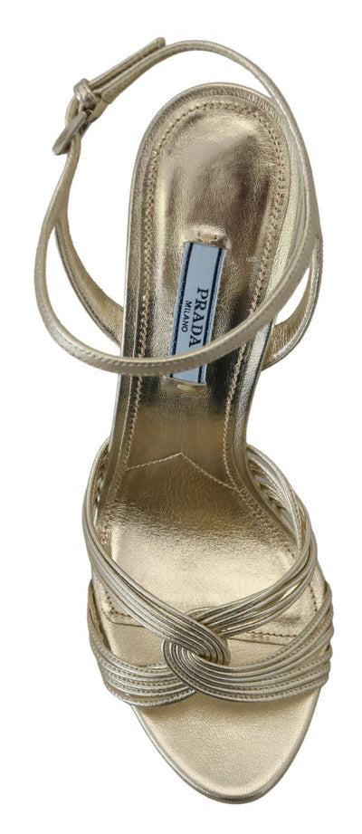 Prada Goldene Leder-Sandalen Knöchelriemen-Absätze Stiletto-Sandale