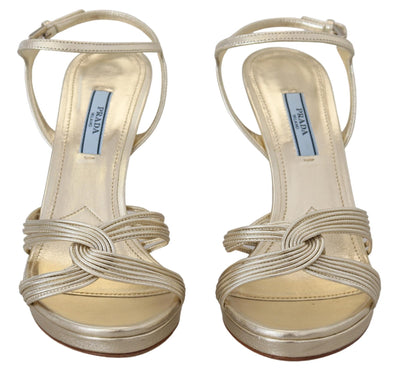 Prada Goldene Leder-Sandalen Knöchelriemen-Absätze Stiletto-Sandale