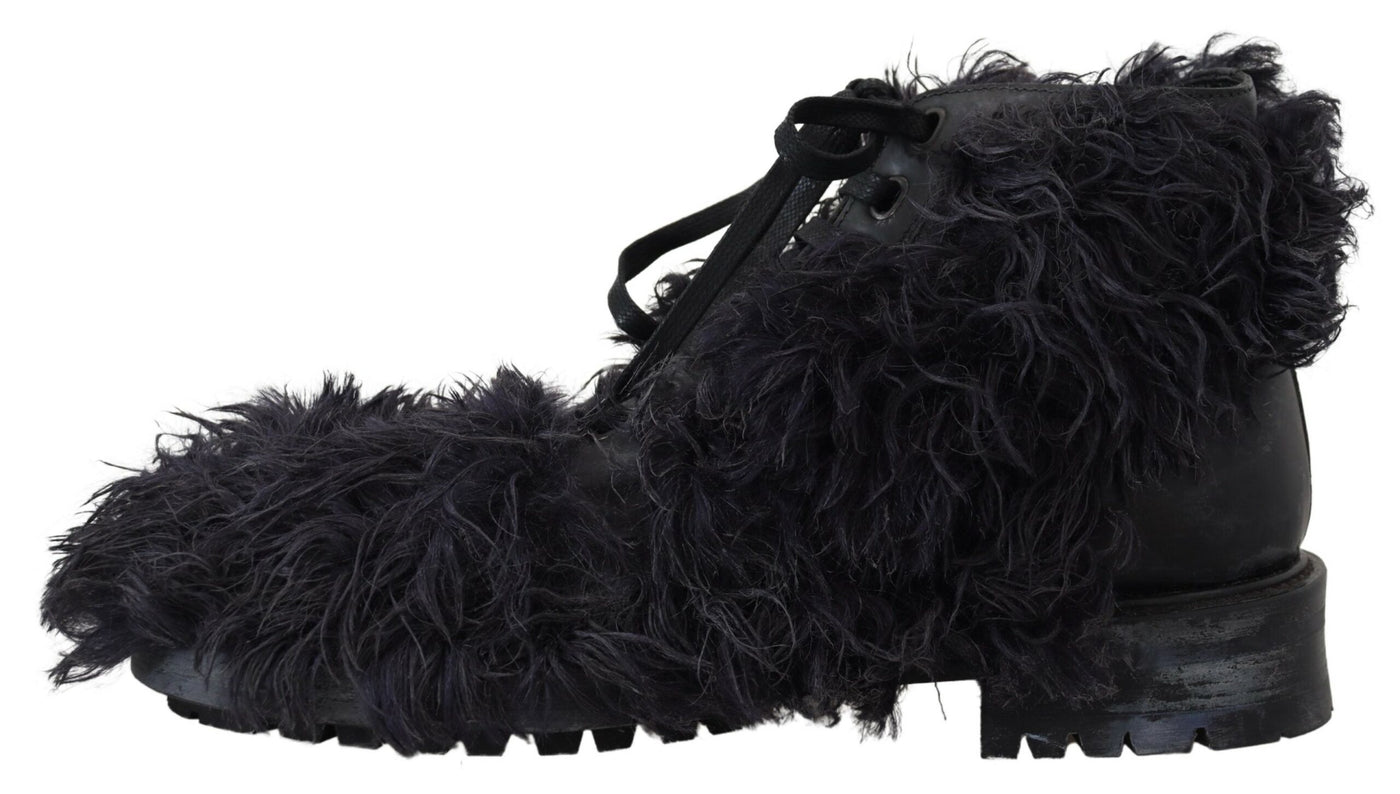 Dolce & Gabbana Schwarz Leder Combat Shearling Stiefel Schuhe