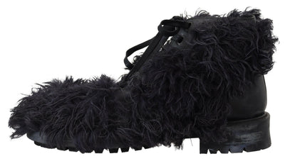 Dolce & Gabbana Schwarz Leder Combat Shearling Stiefel Schuhe