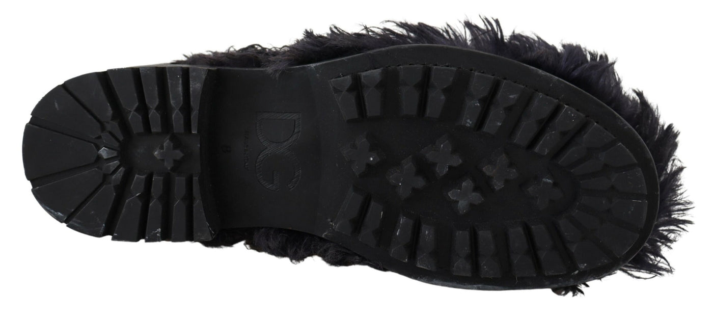 Dolce & Gabbana Schwarz Leder Combat Shearling Stiefel Schuhe
