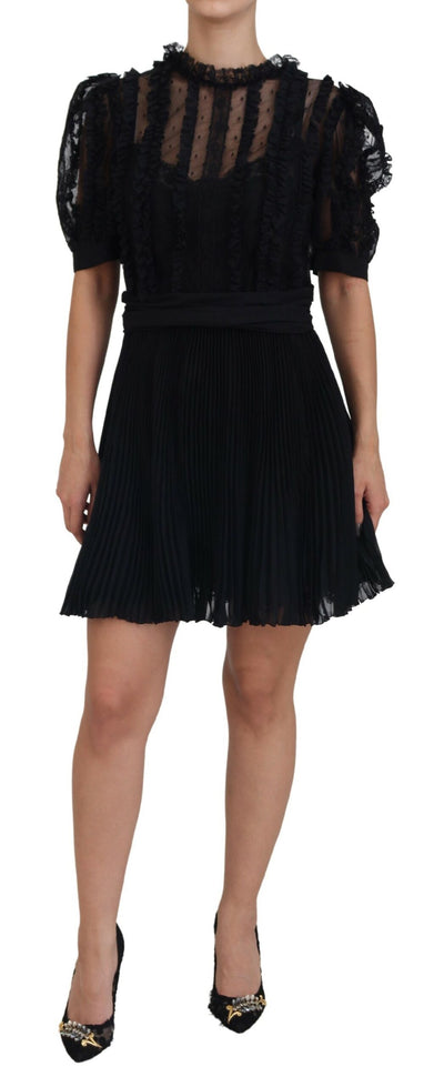 Dolce & Gabbana Schwarzes Mini-Nylonkleid mit Spitzenbesatz in A-Linie