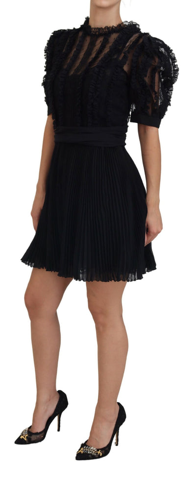 Dolce & Gabbana Schwarzes Mini-Nylonkleid mit Spitzenbesatz in A-Linie