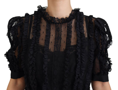 Dolce & Gabbana Schwarzes Mini-Nylonkleid mit Spitzenbesatz in A-Linie