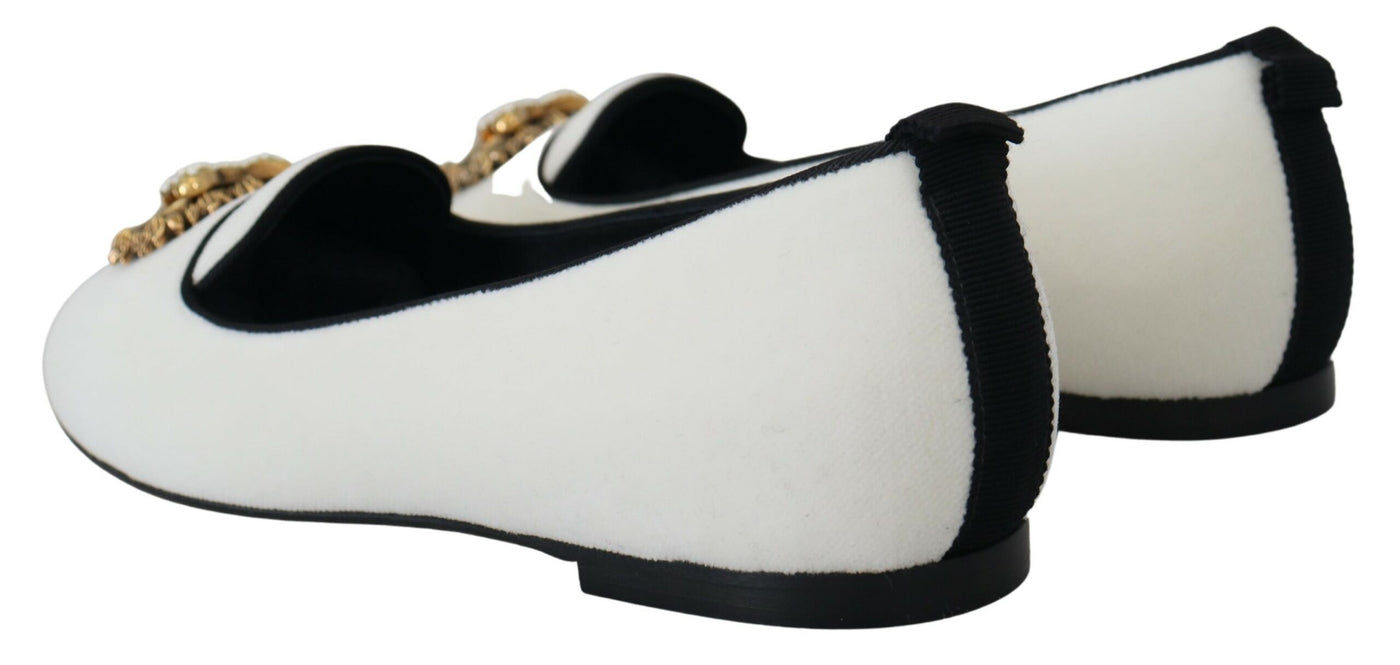 Dolce & Gabbana Weiß Samt Slip Ons Loafers Flats Schuhe