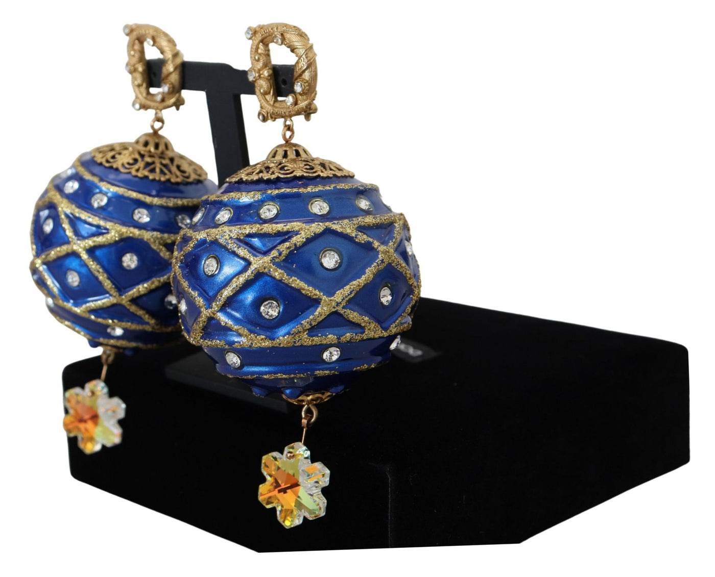 Dolce & Gabbana Gold Messing Blau Dangle Ball Crystal Clip On Ohrringe