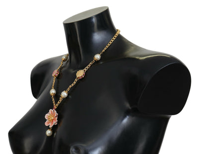 Dolce & Gabbana Goldfarbene Blumenkristalle Rosa verschönerte Halskette