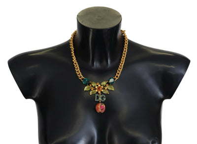 Dolce & Gabbana Gold Messing Kristall Logo Obst Floral Statement Halskette