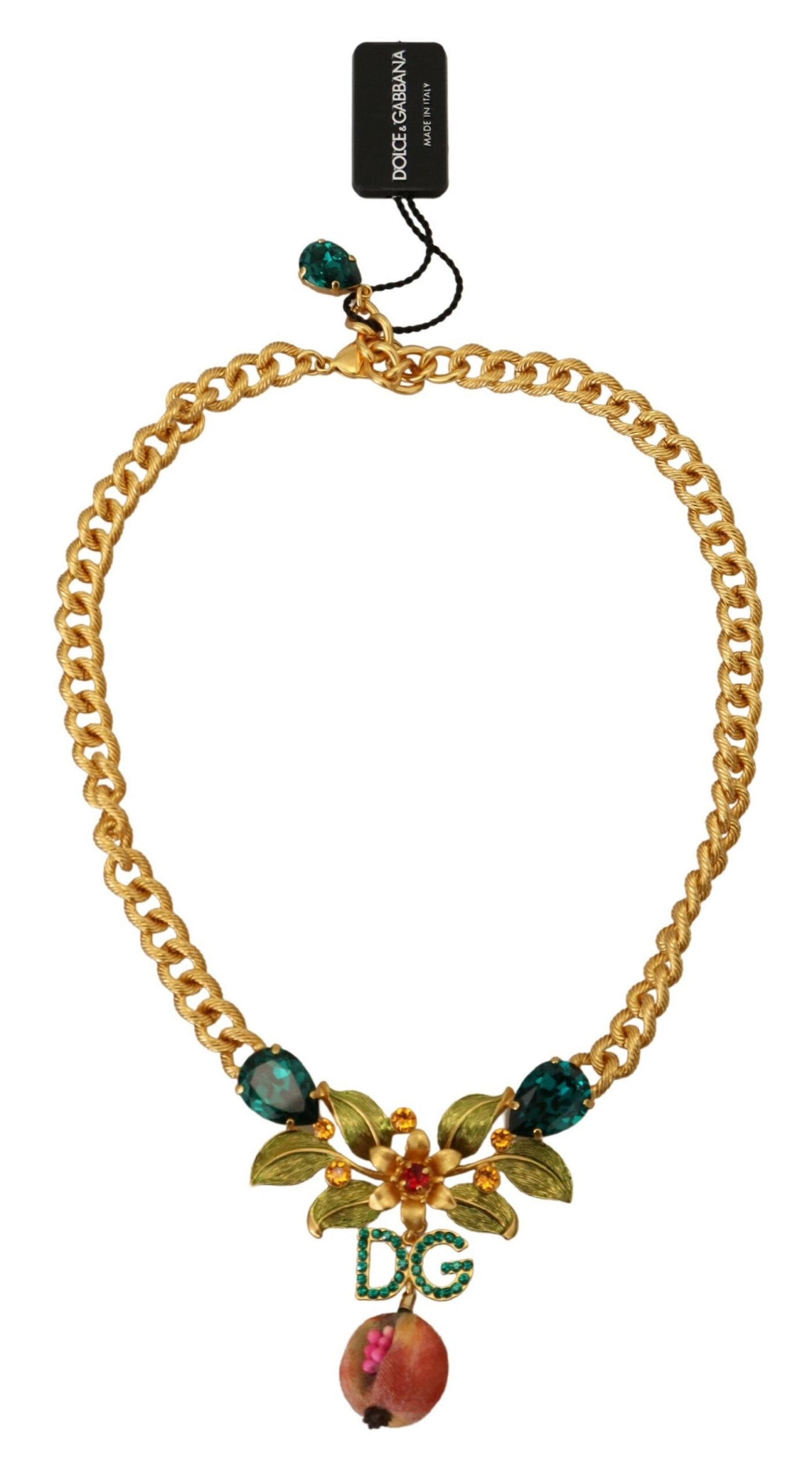 Dolce & Gabbana Gold Messing Kristall Logo Obst Floral Statement Halskette