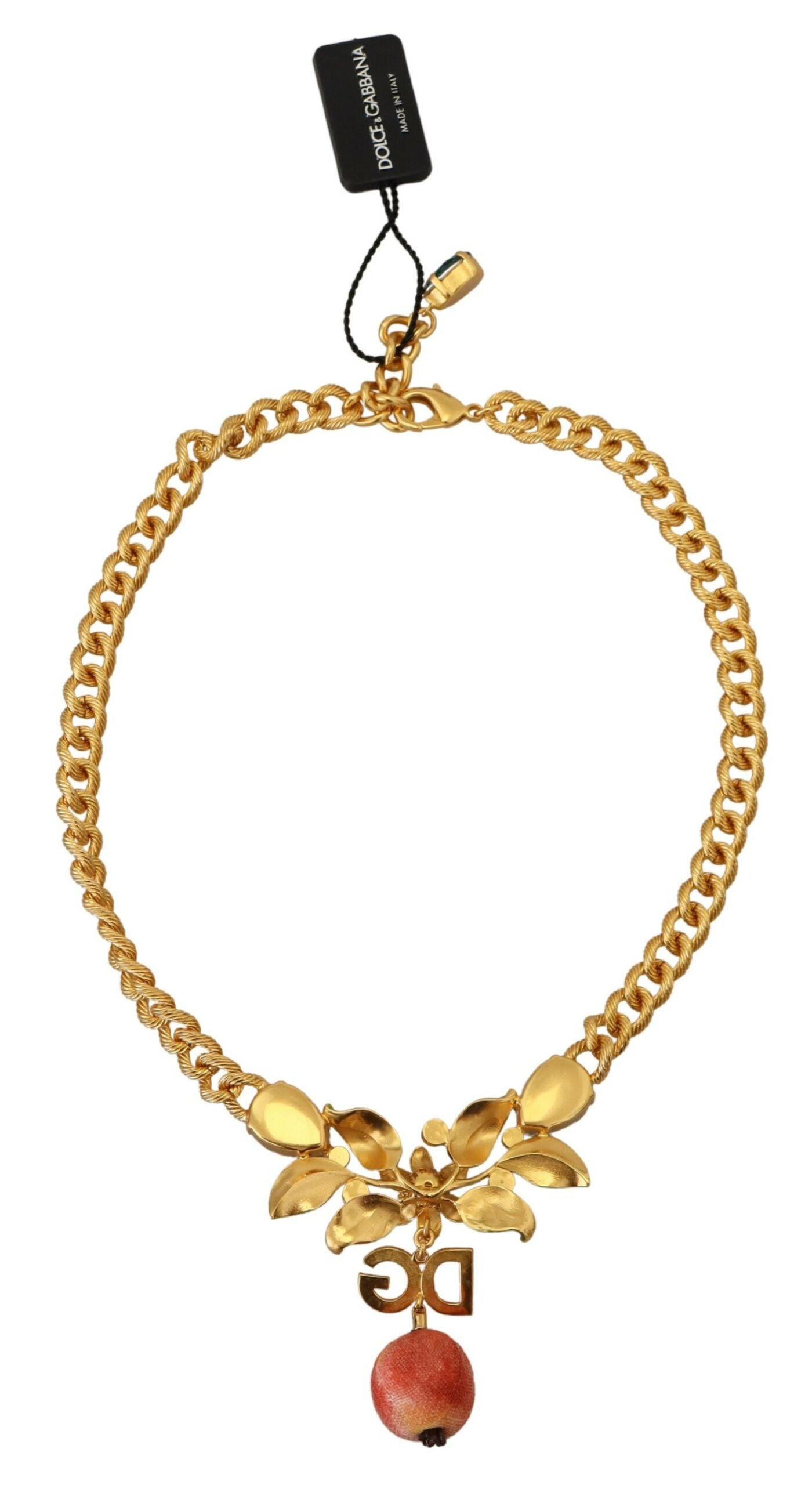 Dolce & Gabbana Gold Messing Kristall Logo Obst Floral Statement Halskette