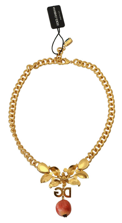 Dolce & Gabbana Gold Messing Kristall Logo Obst Floral Statement Halskette