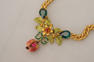 Dolce & Gabbana Gold Messing Kristall Logo Obst Floral Statement Halskette