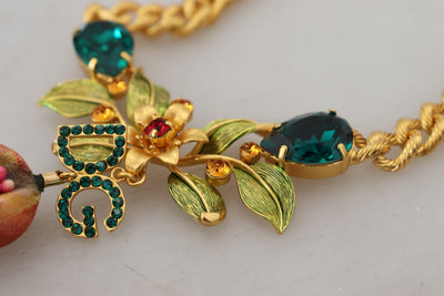 Dolce & Gabbana Gold Messing Kristall Logo Obst Floral Statement Halskette