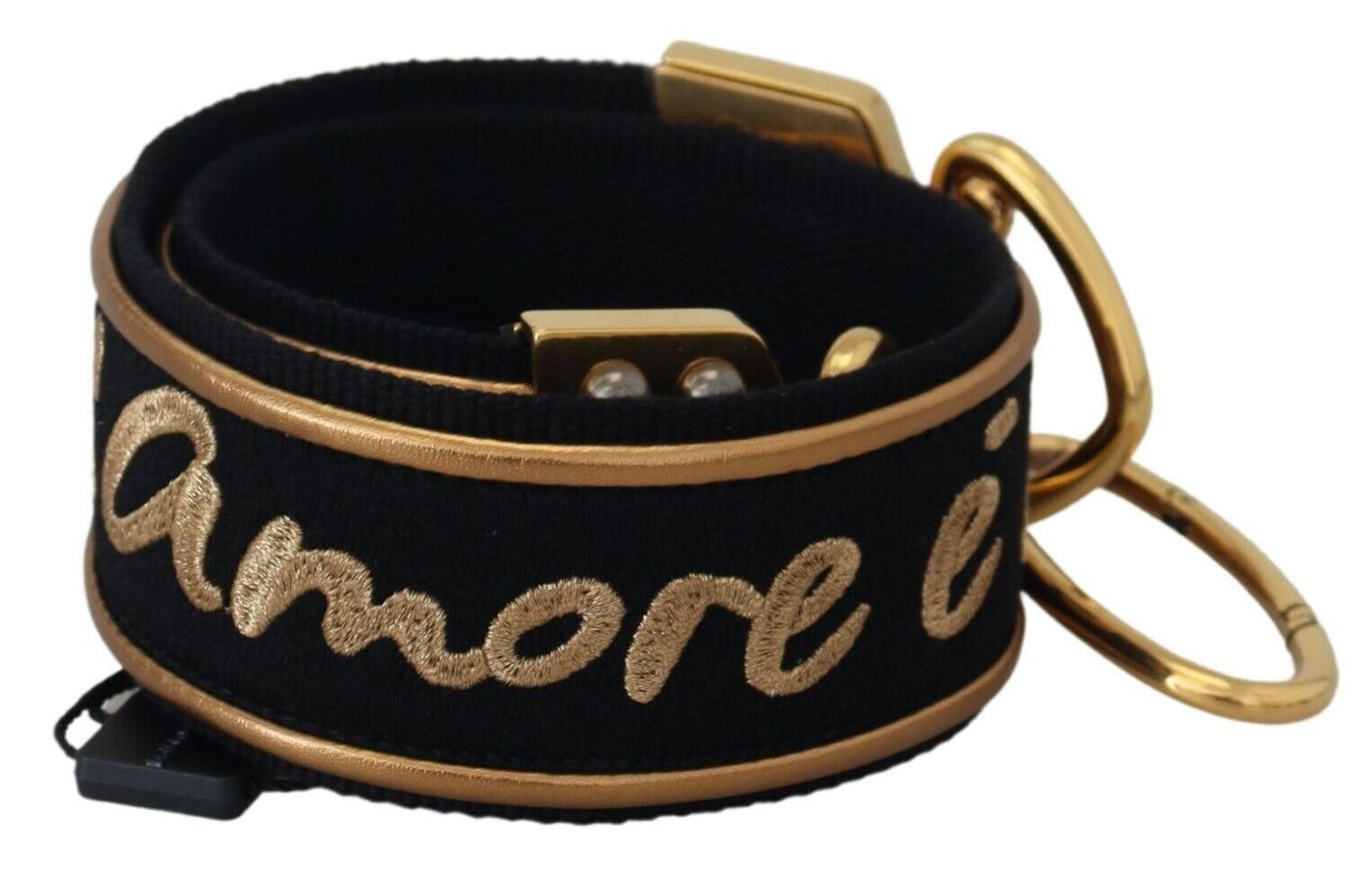 Dolce & Gabbana Schwarz Gold Logo Druck Messing Tasche Schulterriemen