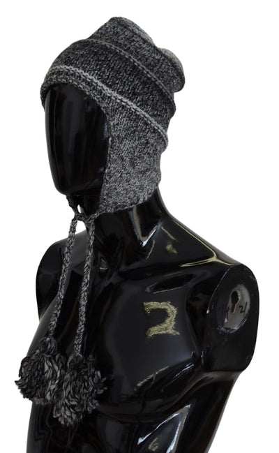Dolce & Gabbana Graue Warme Fleece Ohrenklappen Strickmütze Beanie