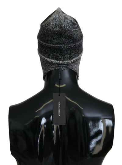 Dolce & Gabbana Graue Warme Fleece Ohrenklappen Strickmütze Beanie