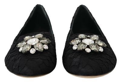 Dolce & Gabbana Schwarz Taormina Spitze Kristalle Flats Schuhe