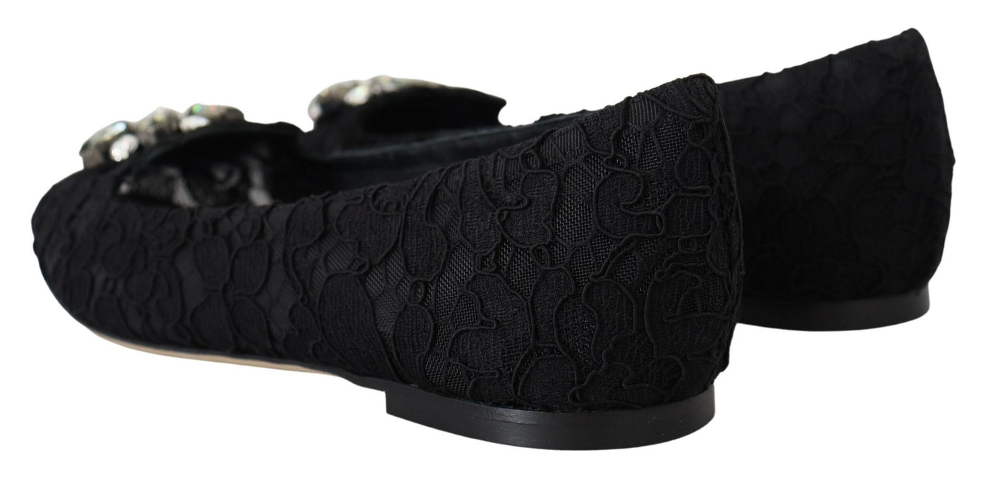 Dolce & Gabbana Schwarz Taormina Spitze Kristalle Flats Schuhe