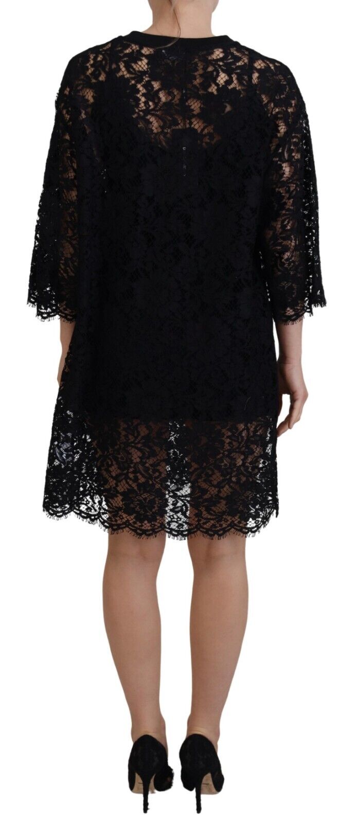 Dolce & Gabbana Schwarzes Shift-Minikleid aus Baumwolle mit floraler Spitze