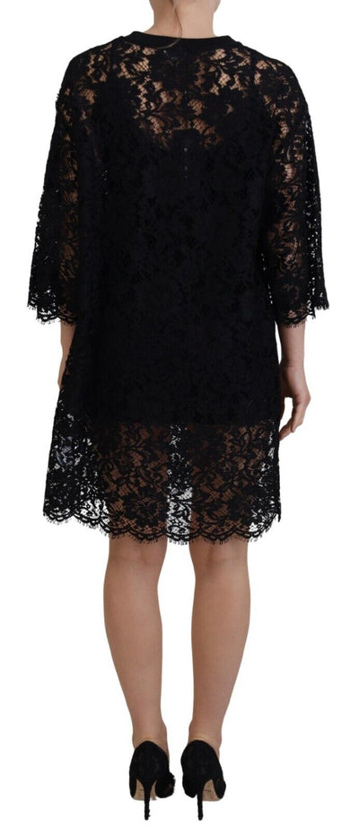 Dolce & Gabbana Schwarzes Shift-Minikleid aus Baumwolle mit floraler Spitze