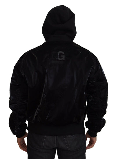 Dolce & Gabbana Schwarze Nylon Bomberjacke mit Kapuze und Reißverschluss