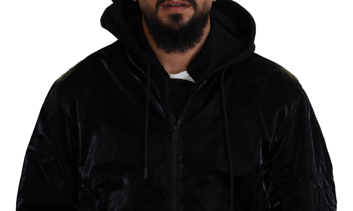 Dolce & Gabbana Schwarze Nylon Bomberjacke mit Kapuze und Reißverschluss