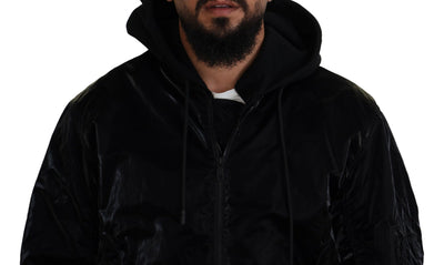 Dolce & Gabbana Schwarze Nylon Bomberjacke mit Kapuze und Reißverschluss