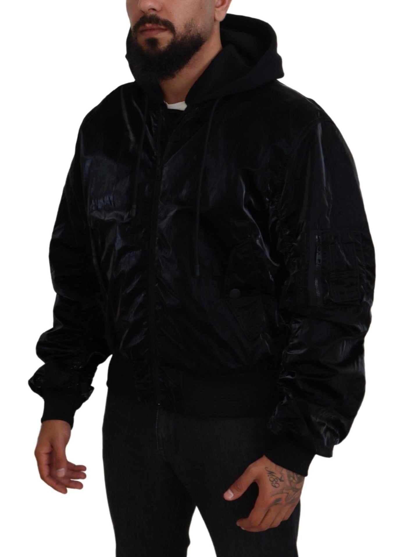 Dolce & Gabbana Schwarze Nylon Bomberjacke mit Kapuze und Reißverschluss