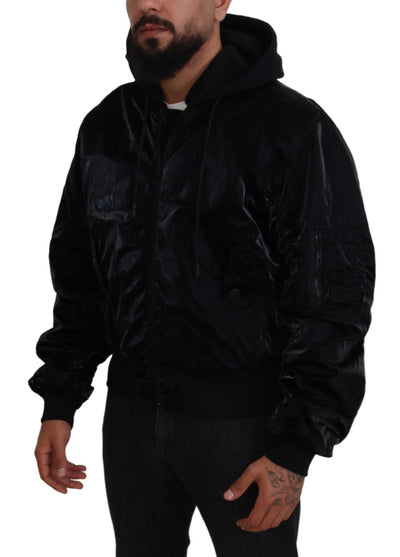 Dolce & Gabbana Schwarze Nylon Bomberjacke mit Kapuze und Reißverschluss