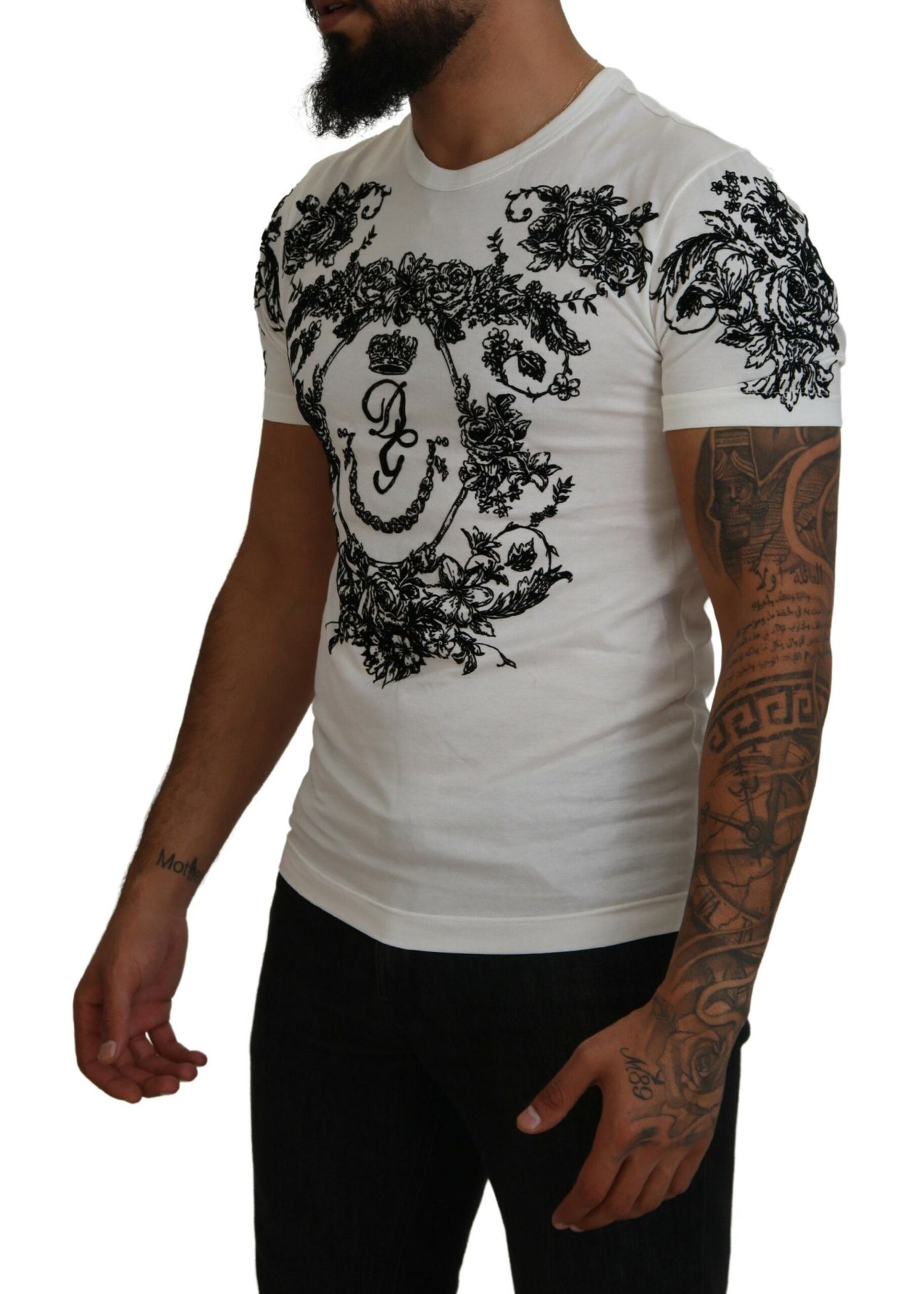 Dolce & Gabbana Weißes DG Crown Floral Crewneck Herren-T-Shirt