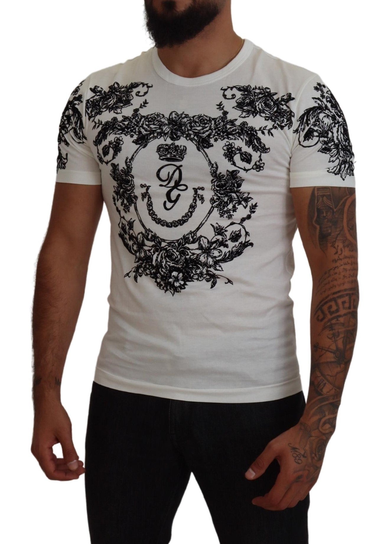Dolce & Gabbana Weißes DG Crown Floral Crewneck Herren-T-Shirt