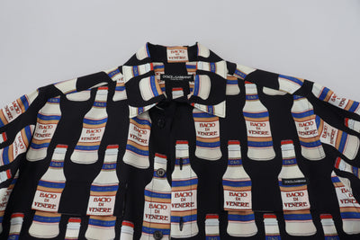 Dolce & Gabbana Schwarzes Seidenhemd mit bedrucktem Kragen für Männer Freizeithemd