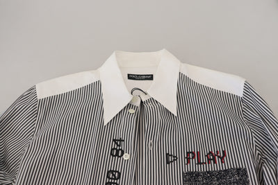 Dolce & Gabbana Schwarz-weiß gestreiftes, bedrucktes Freizeithemd aus Baumwolle