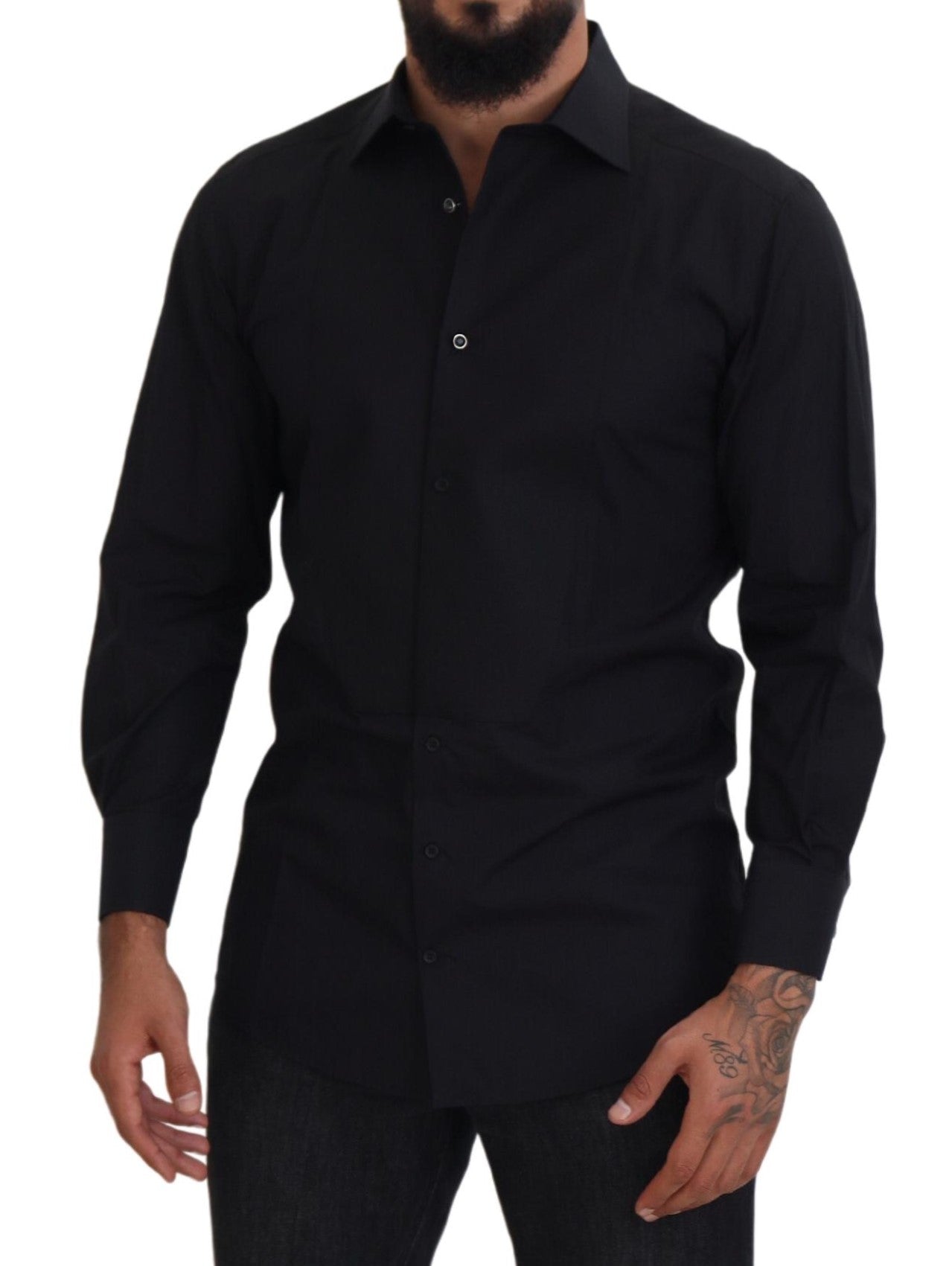 Dolce & Gabbana Schwarzes GOLD Baumwollhemd mit Kragen und langen Ärmeln