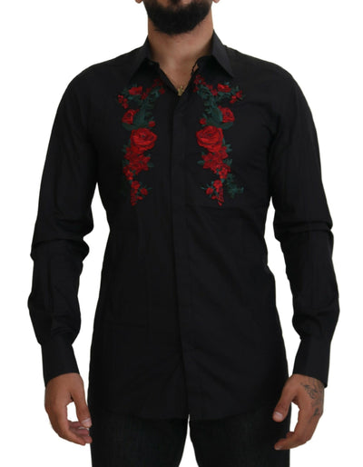 Dolce & Gabbana Schwarz Floral Stickerei Männer Lange Ärmel GOLD Hemd