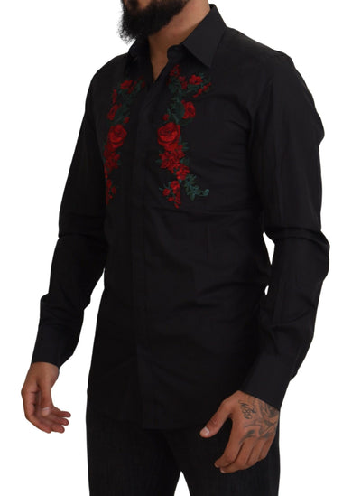 Dolce & Gabbana Schwarz Floral Stickerei Männer Lange Ärmel GOLD Hemd