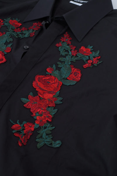 Dolce & Gabbana Schwarz Floral Stickerei Männer Lange Ärmel GOLD Hemd