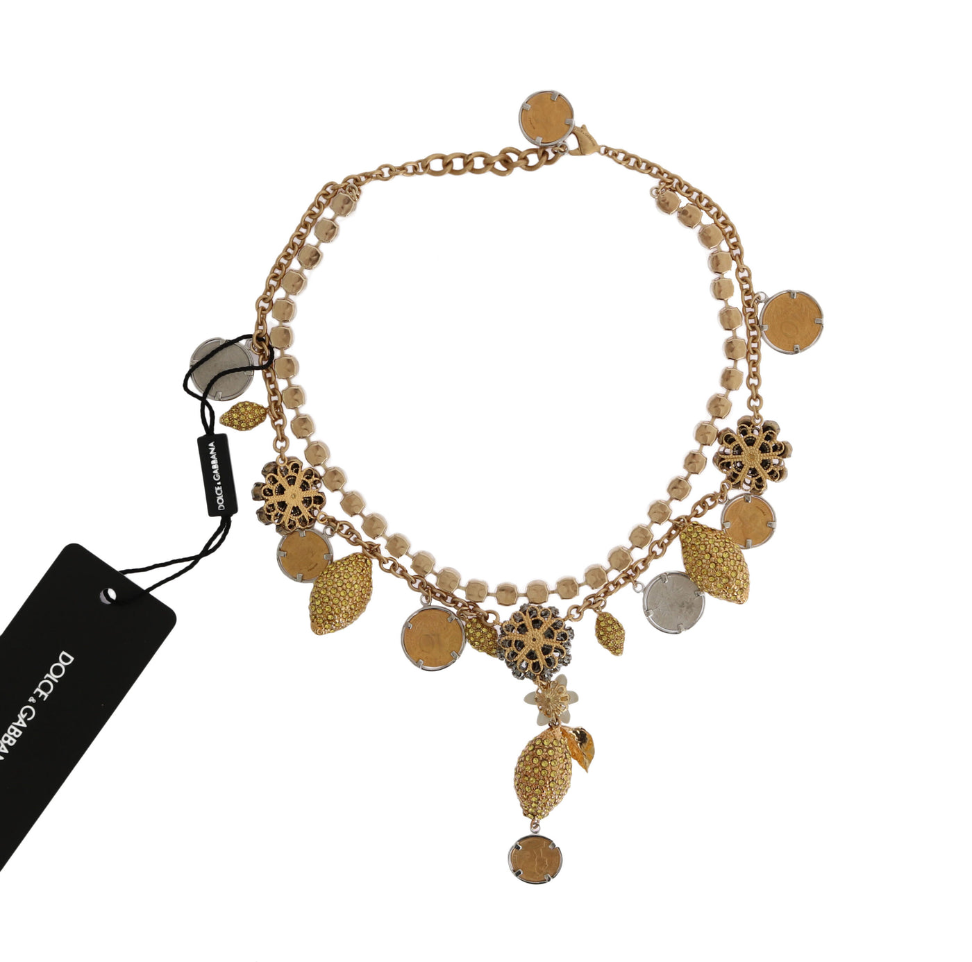 Dolce & Gabbana Gold Messing Kristall Logo Ananas Statement Halskette