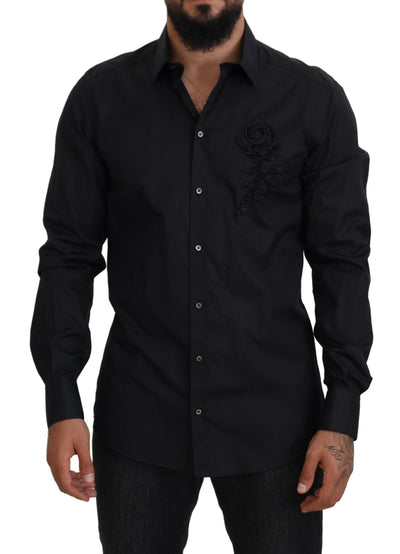 Dolce & Gabbana Schwarzes Rosen Slim Fit Baumwollhemd