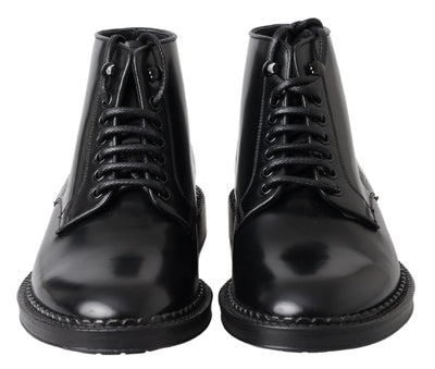 Dolce & Gabbana Schwarze Leder Herren Kurzstiefel Schnürschuhe