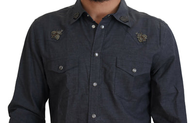 Dolce & Gabbana Blaues Baumwoll-Denim-Kristallbienenhemd