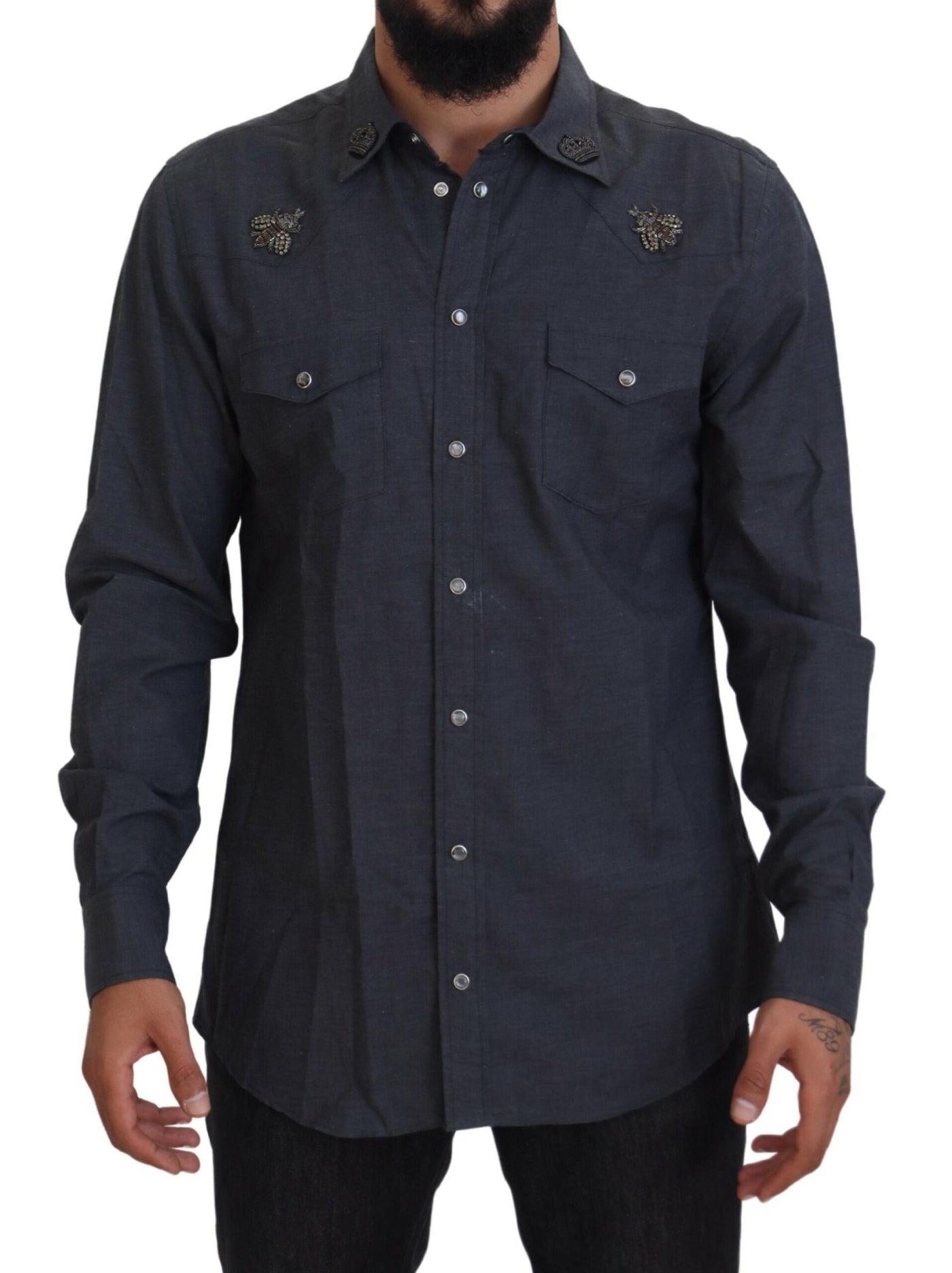 Dolce & Gabbana Blaues Baumwoll-Denim-Kristallbienenhemd