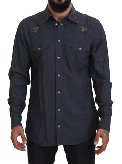Dolce & Gabbana Blaues Baumwoll-Denim-Kristallbienenhemd