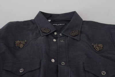 Dolce & Gabbana Blaues Baumwoll-Denim-Kristallbienenhemd