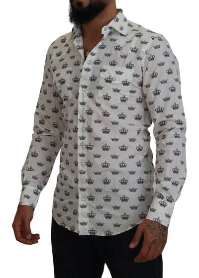 Dolce & Gabbana Weißes Crown Print Slim Fit Baumwollhemd