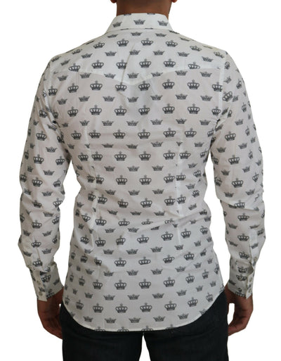 Dolce & Gabbana Weißes Crown Print Slim Fit Baumwollhemd