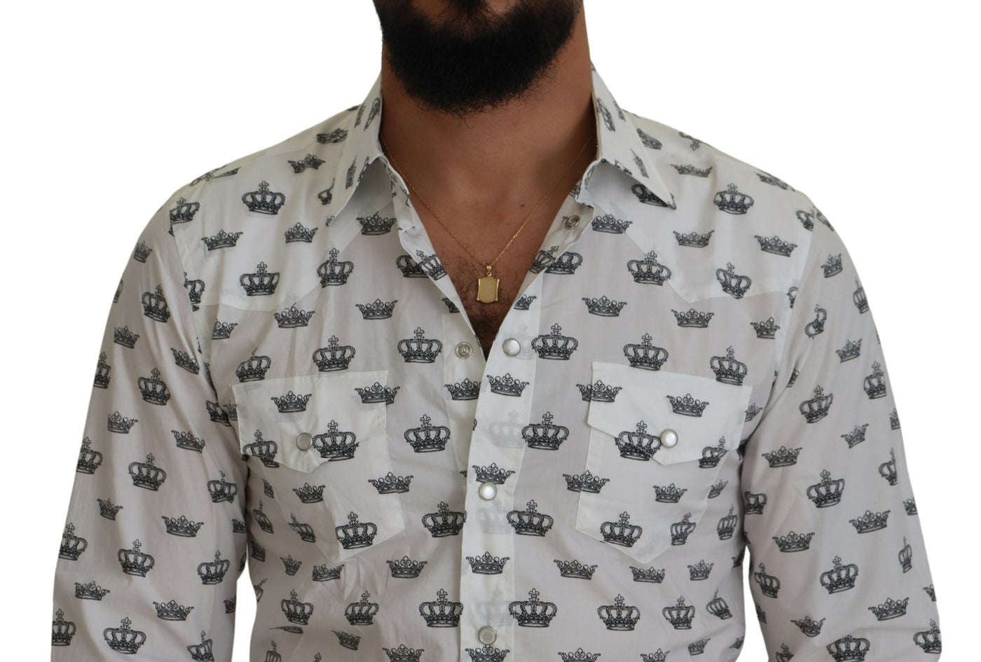 Dolce & Gabbana Weißes Crown Print Slim Fit Baumwollhemd