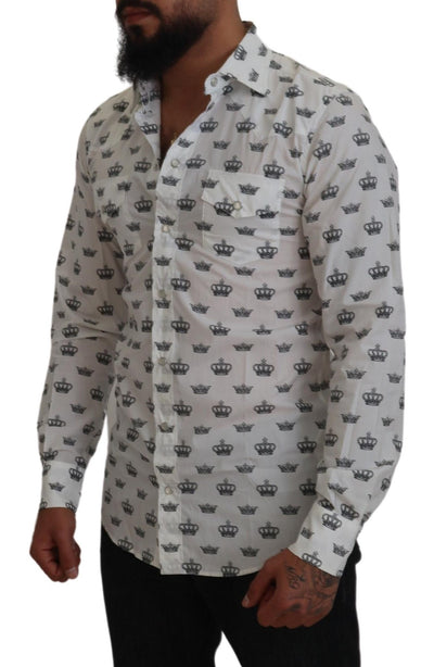 Dolce & Gabbana Weißes Crown Print Slim Fit Baumwollhemd