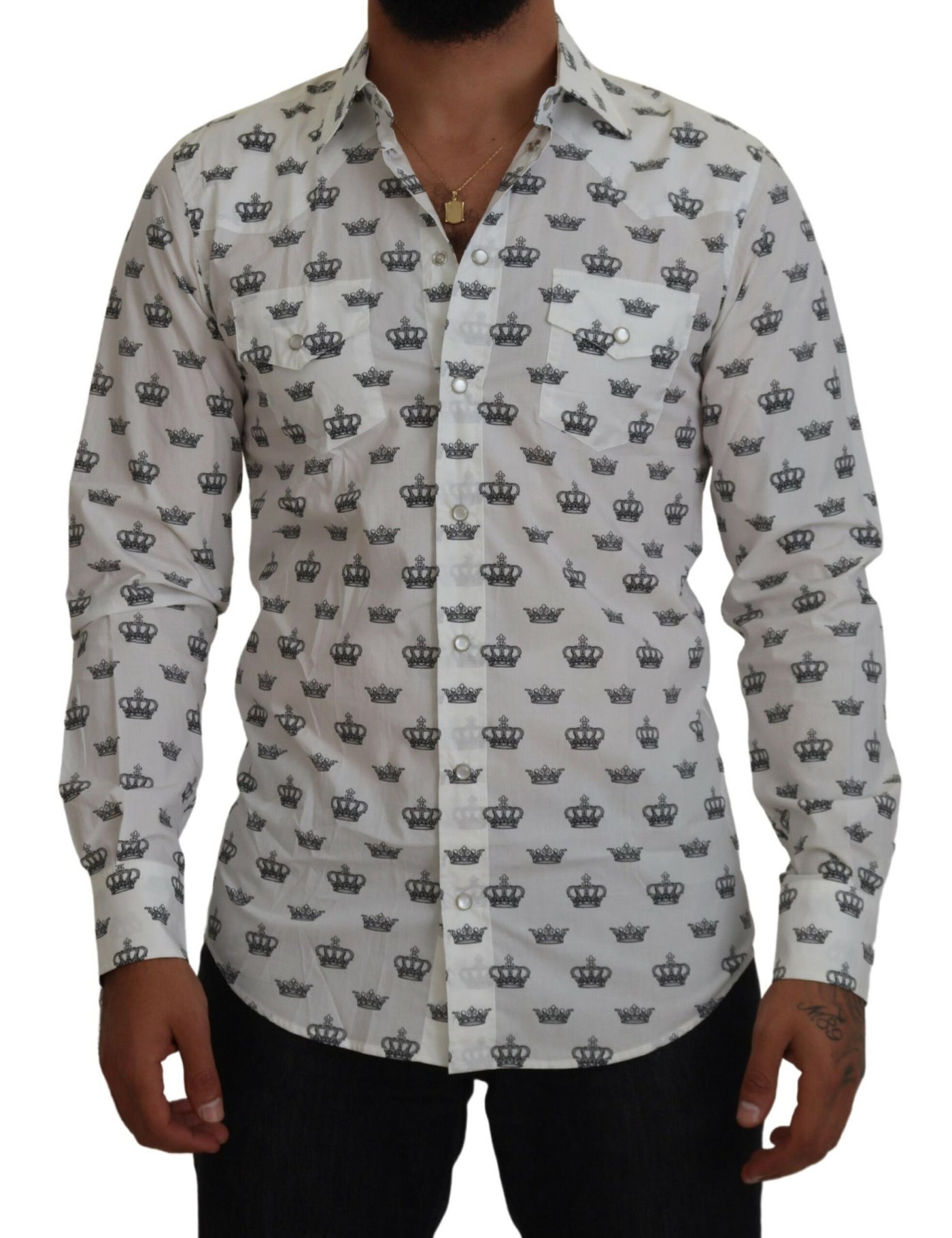 Dolce & Gabbana Weißes Crown Print Slim Fit Baumwollhemd