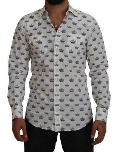 Dolce & Gabbana Weißes Crown Print Slim Fit Baumwollhemd